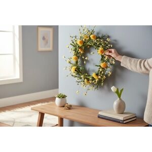 Wild Blooms Floral Wreath Home Decor 22in Yellow Orange New With Tags 1523-3927
